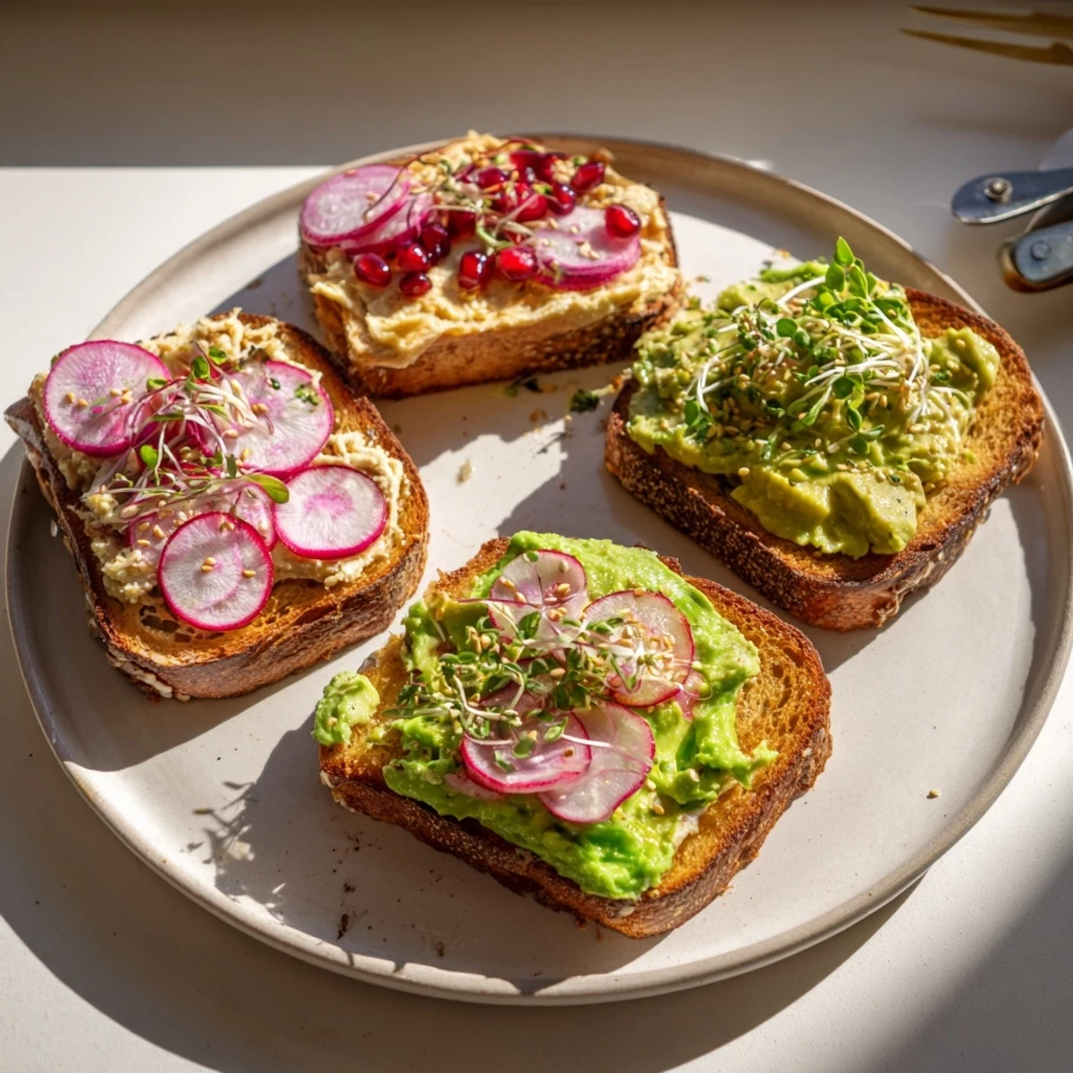 Delicious Bright & Bold Breakfast Toasts with radishes, pomegranate seeds, and microgreens.