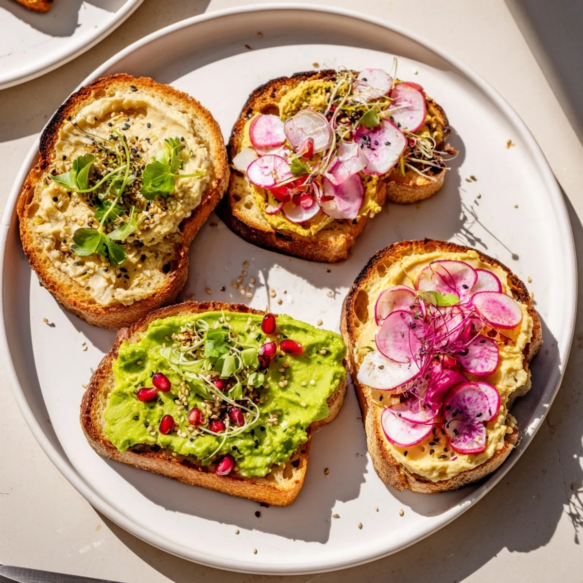 Colorful breakfast toasts featuring creamy ube and zesty avocado garnished perfectly.  