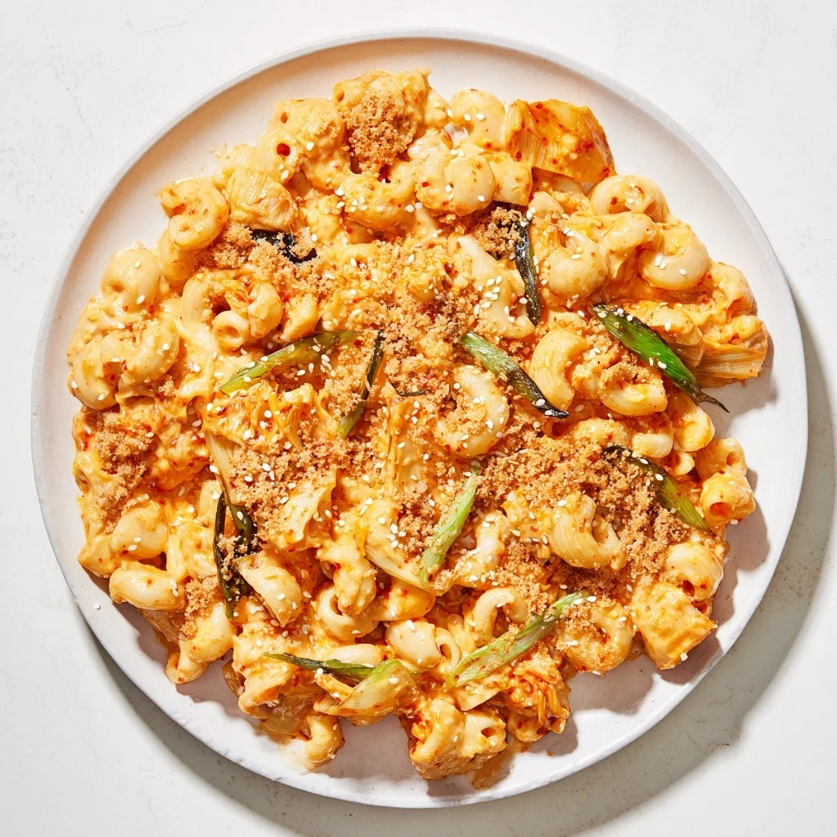 Sizzling bowl of Spicy Kimchi Mac & Cheese, bursting with flavors and creamy textures.  