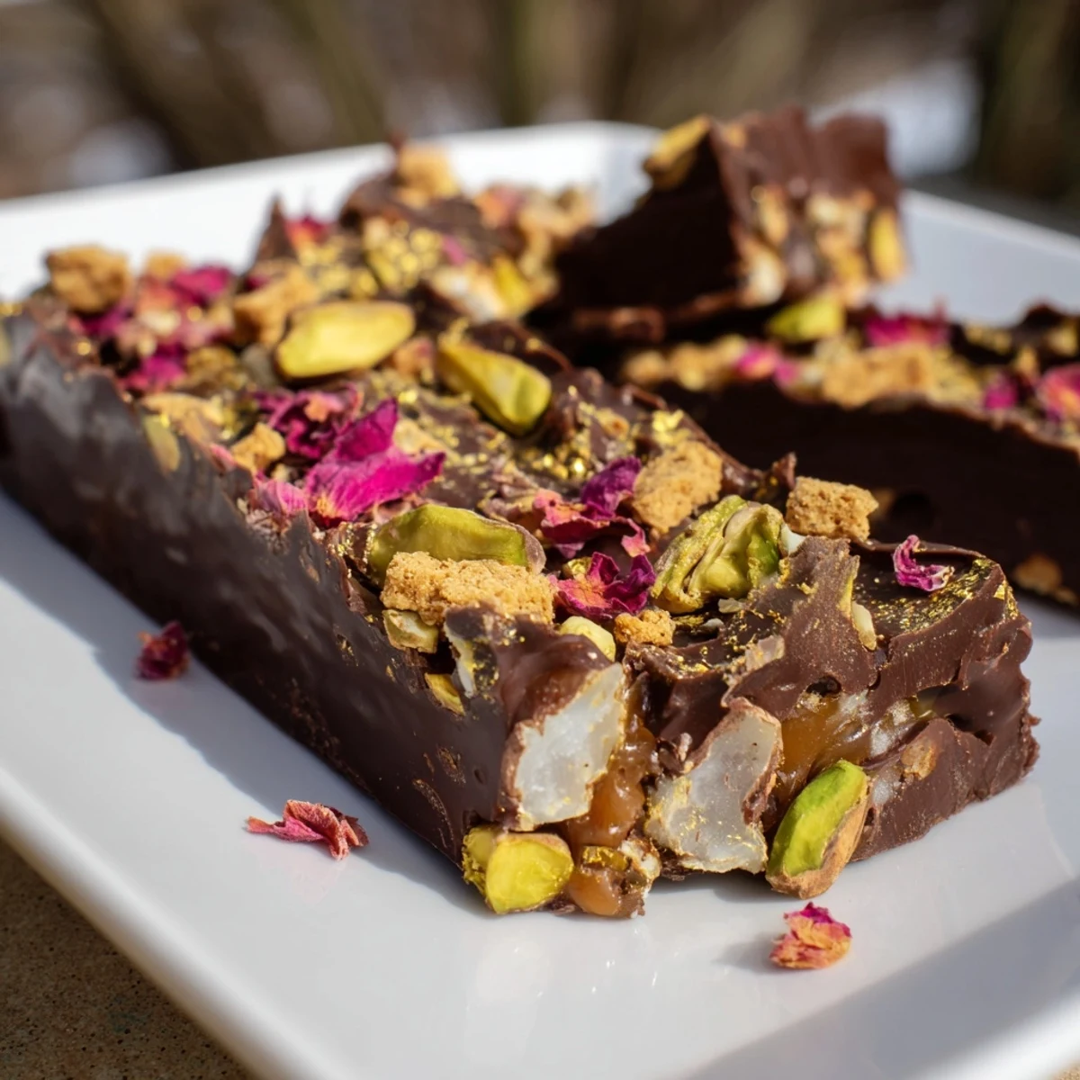 Decadent chocolate bar inspired creations topped with spiced date caramel and rose petals.  