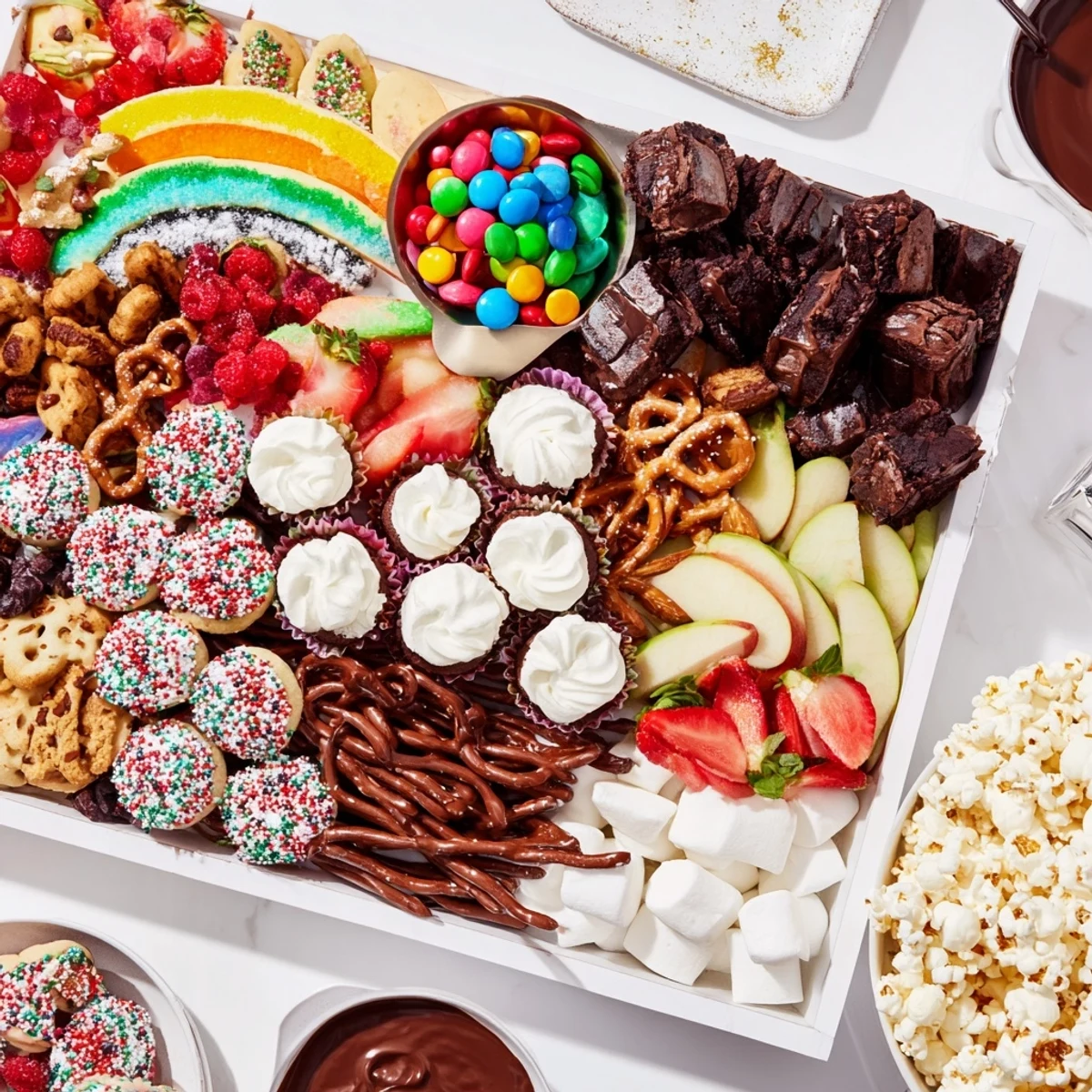 Deliciously arranged dessert board showcasing cookies, chocolates, and themed dips to share.