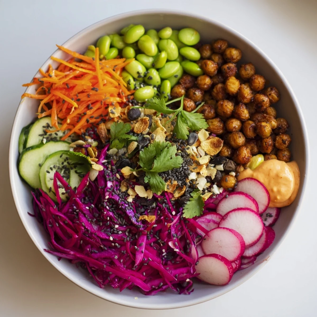 Colorful ASMR Crunch Snack Bowls filled with vibrant veggies and crispy toppings.  