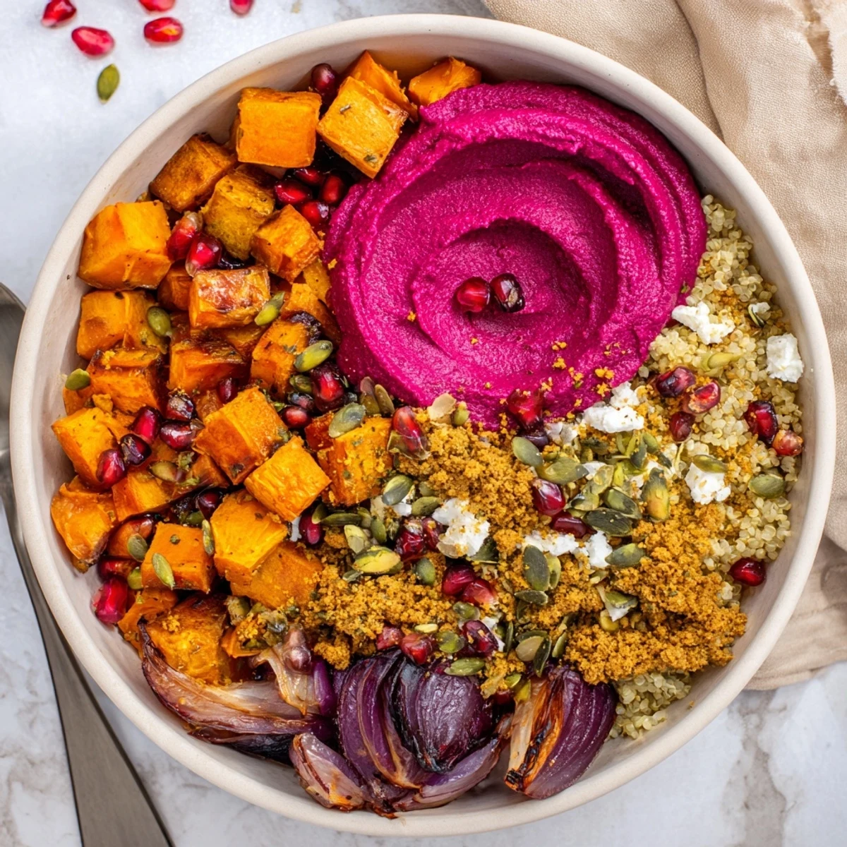 Roasted winter vegetables in a spiced winter bowl topped with vibrant ube-coconut purée.  