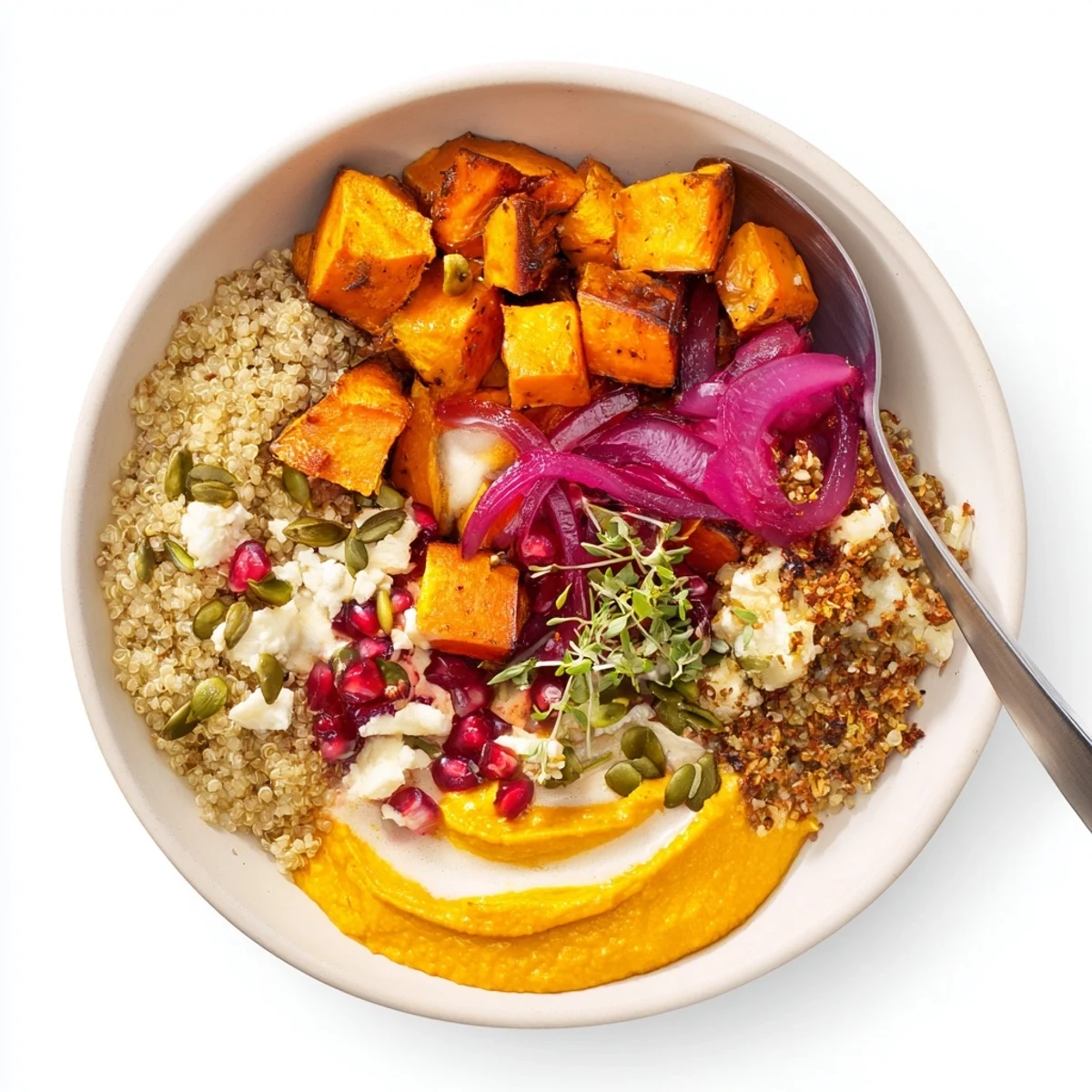 Comforting spiced winter bowls with roasted veggies and a rich coconut-ube flavor.