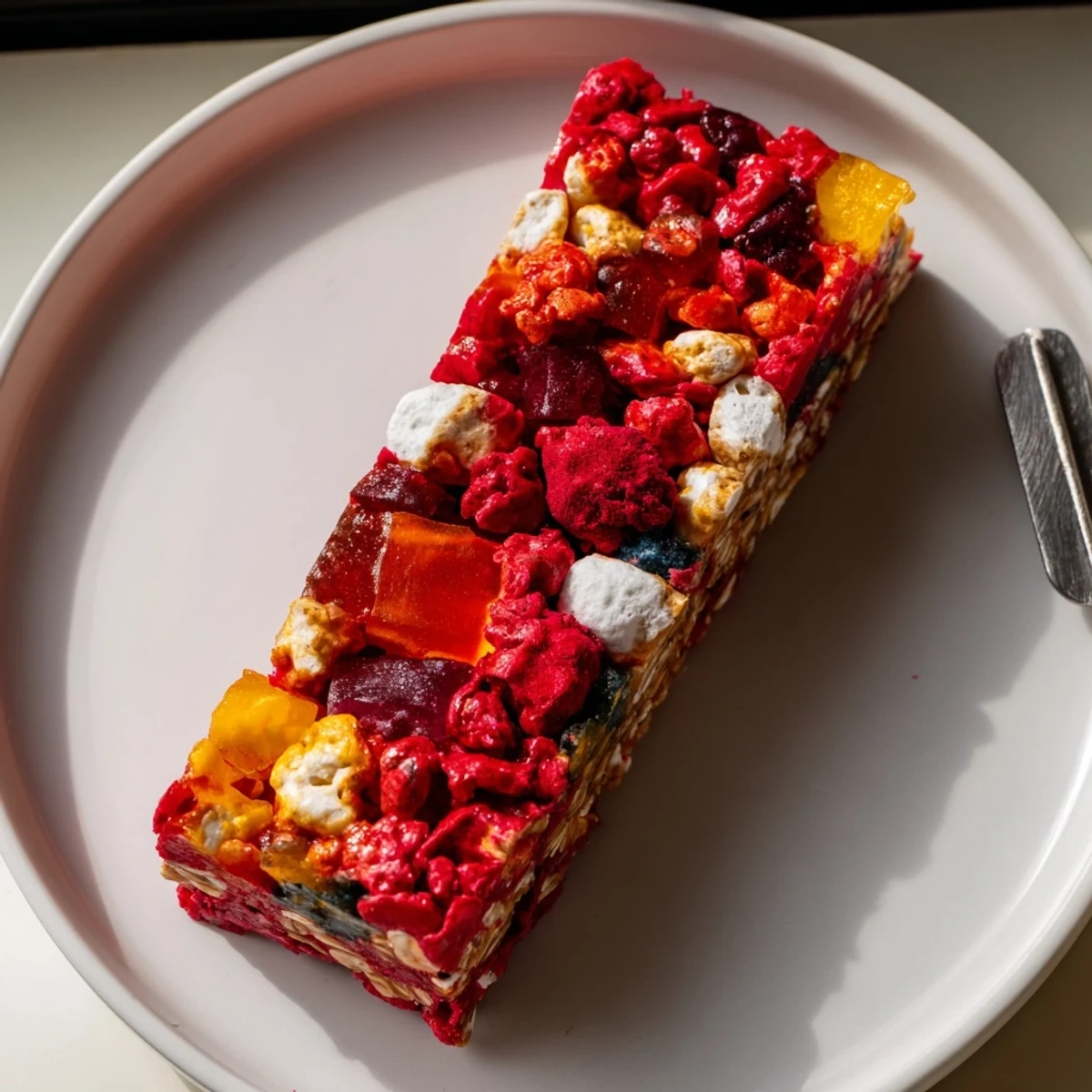 Chewy DIY snack bars topped with vibrant homemade gummies and freeze-dried candies.  