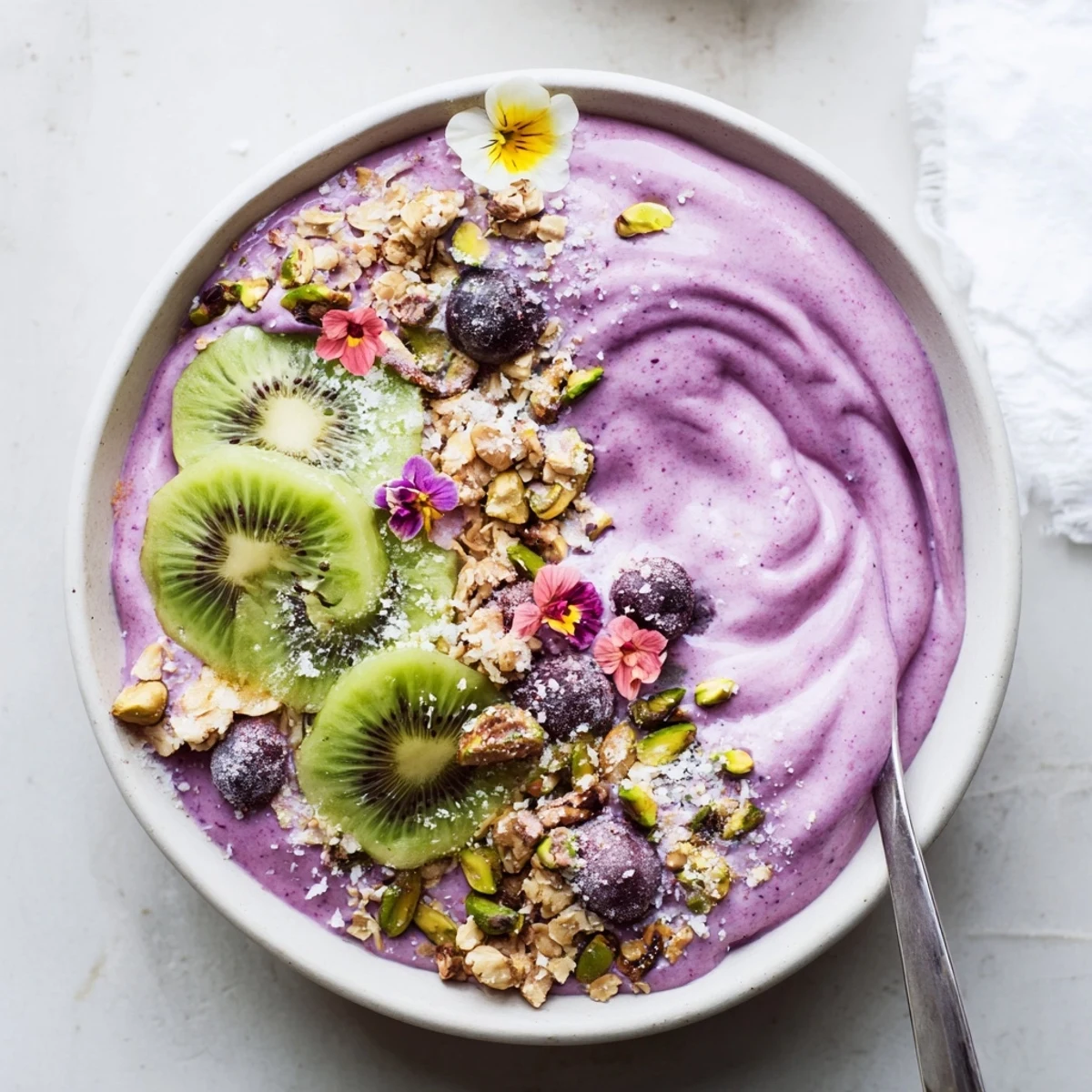 Vibrant smoothie bowls with purple yam and pistachios, topped with fresh berries.  