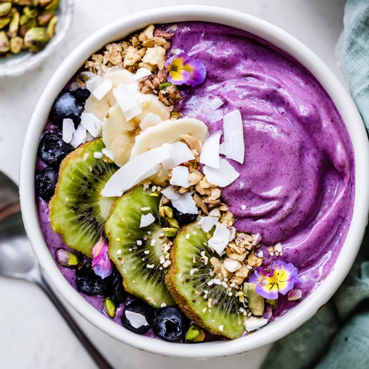 Colorful breakfast smoothie bowl featuring creamy purple yam and crunchy toppings.  