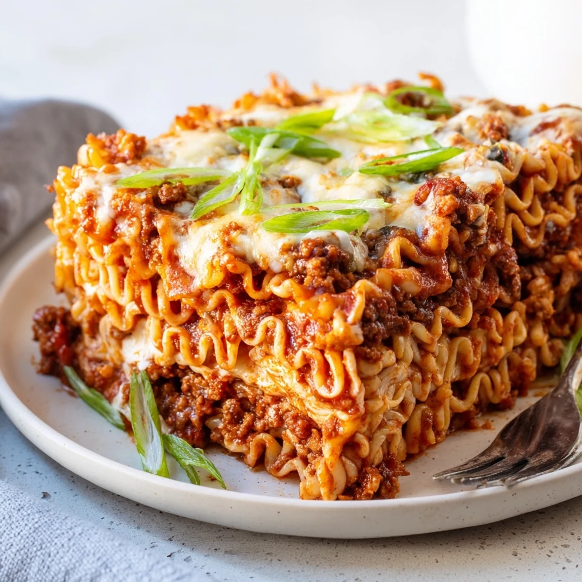 Layers of spicy ramen lasagna topped with melted cheese, inviting aroma fills the kitchen.  