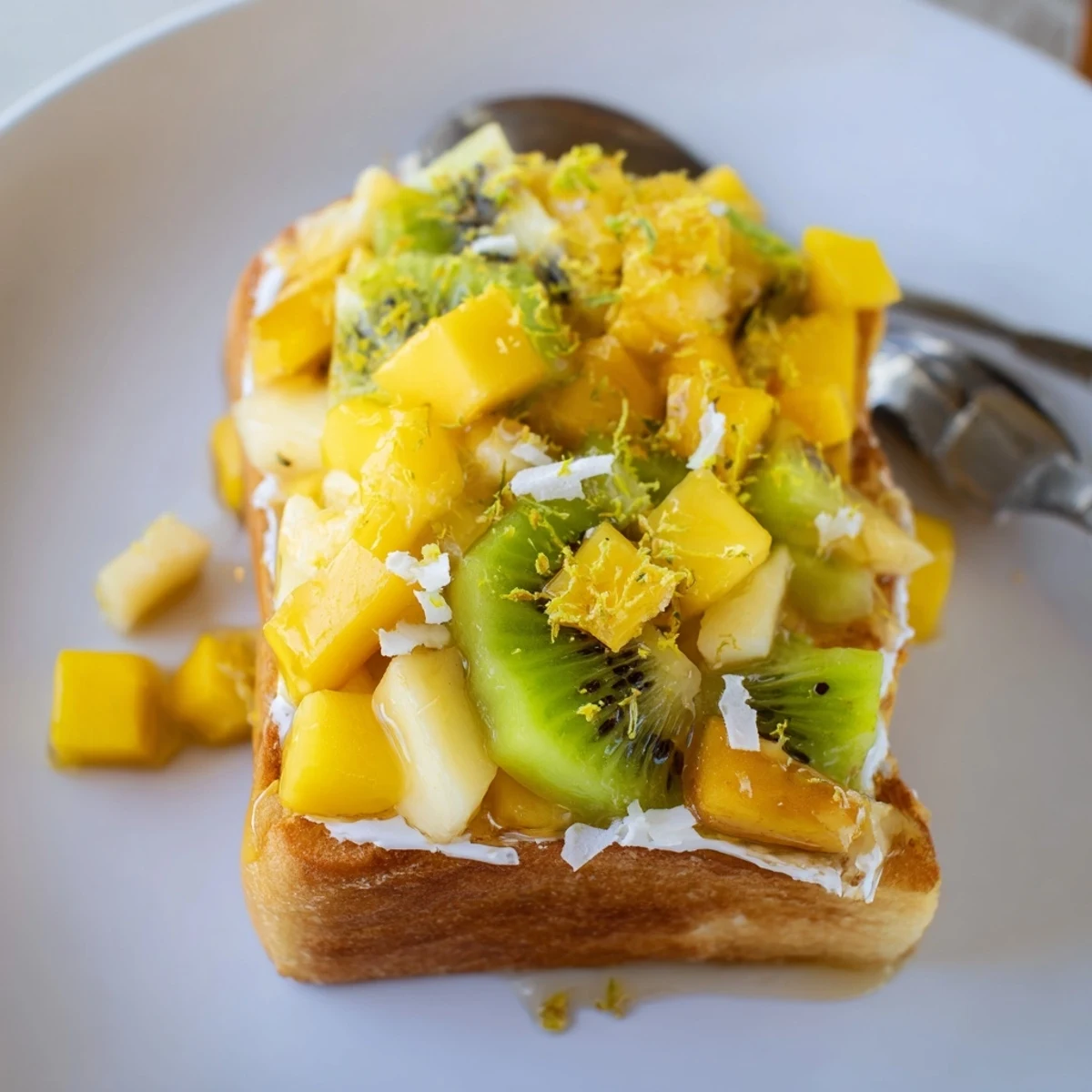 Creamy Yogurt-Custard Toast 2.0 topped with tropical fruits, perfect for brunch.  