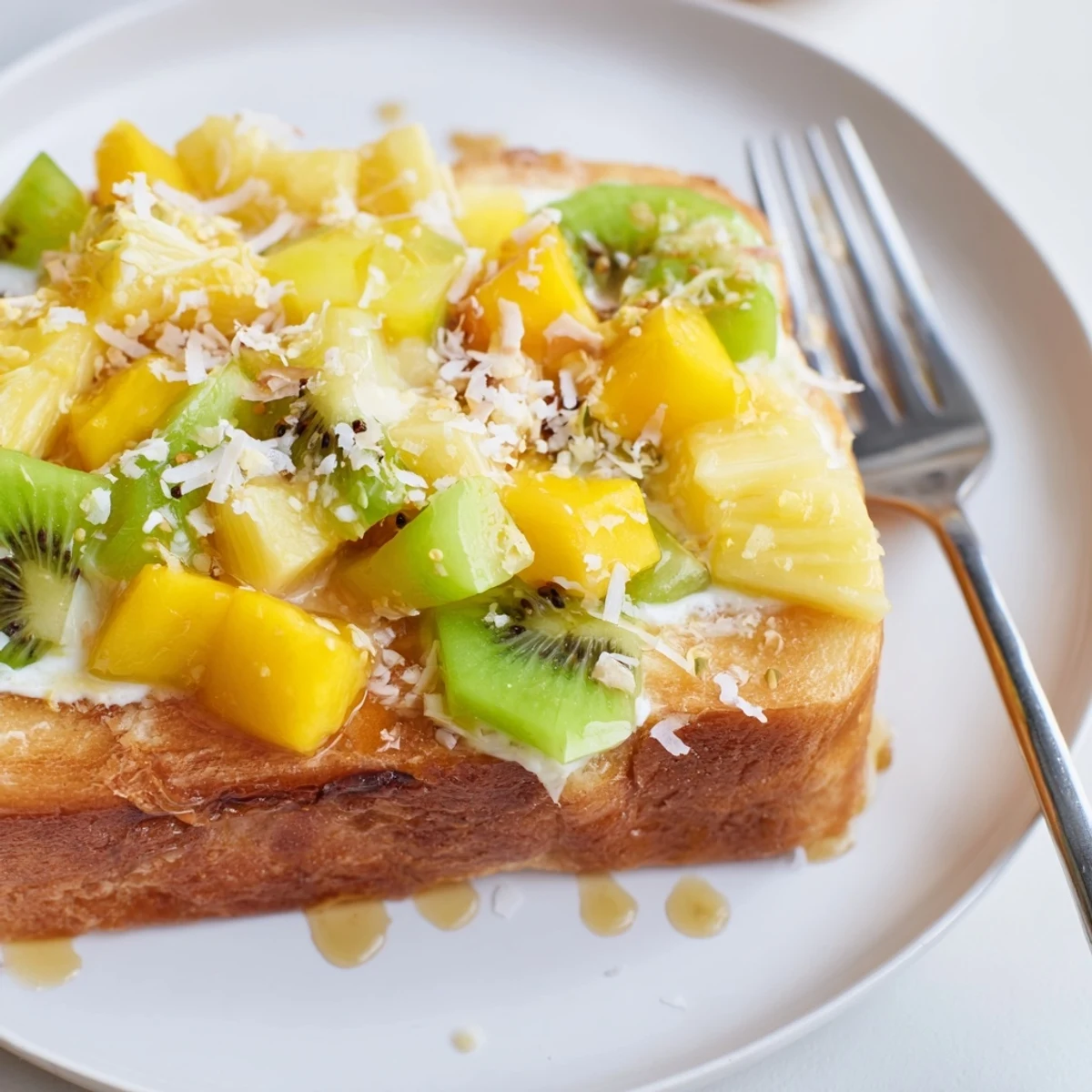 Vibrant Yogurt-Custard Toast 2.0, showcasing fresh mango and kiwi on crispy bread.  