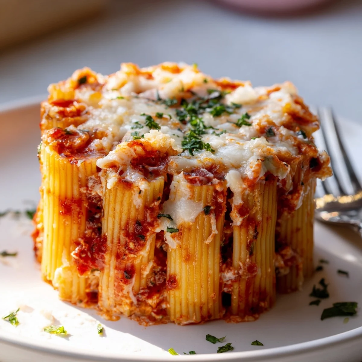 A vibrant Honeycomb Pasta Cake, featuring rigatoni filled with creamy ricotta and tomato goodness.  