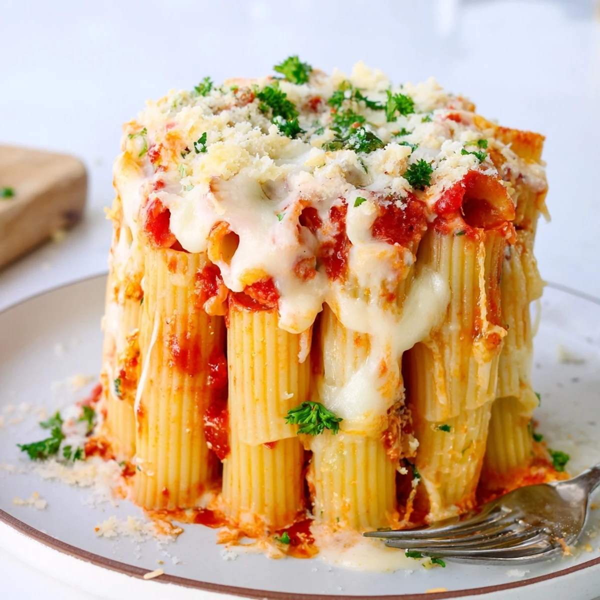 Baked Honeycomb Pasta Cake with gooey cheese and rich tomato sauce, perfect for sharing.  