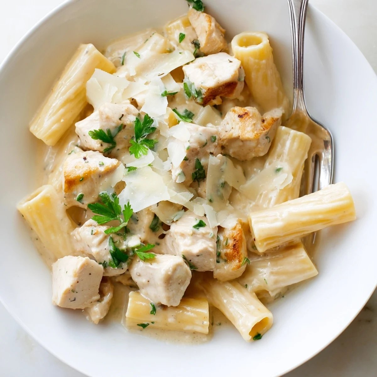 Creamy Garlic Parmesan Chicken Rigatoni topped with fresh parsley and grated cheese.
