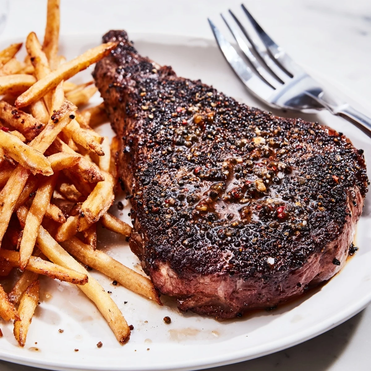 Classic Peppercorn Ribeye topped with creamy sauce and served alongside golden crispy fries.