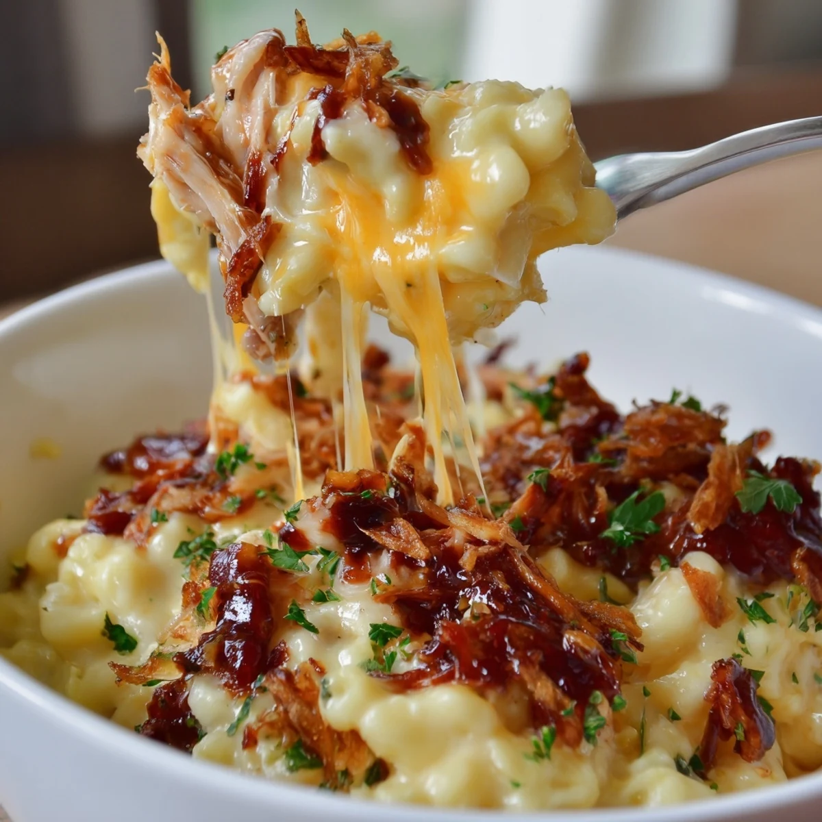 Creamy One-Pot Honey BBQ Chicken Mac and Cheese, topped with crispy onions and parsley.  