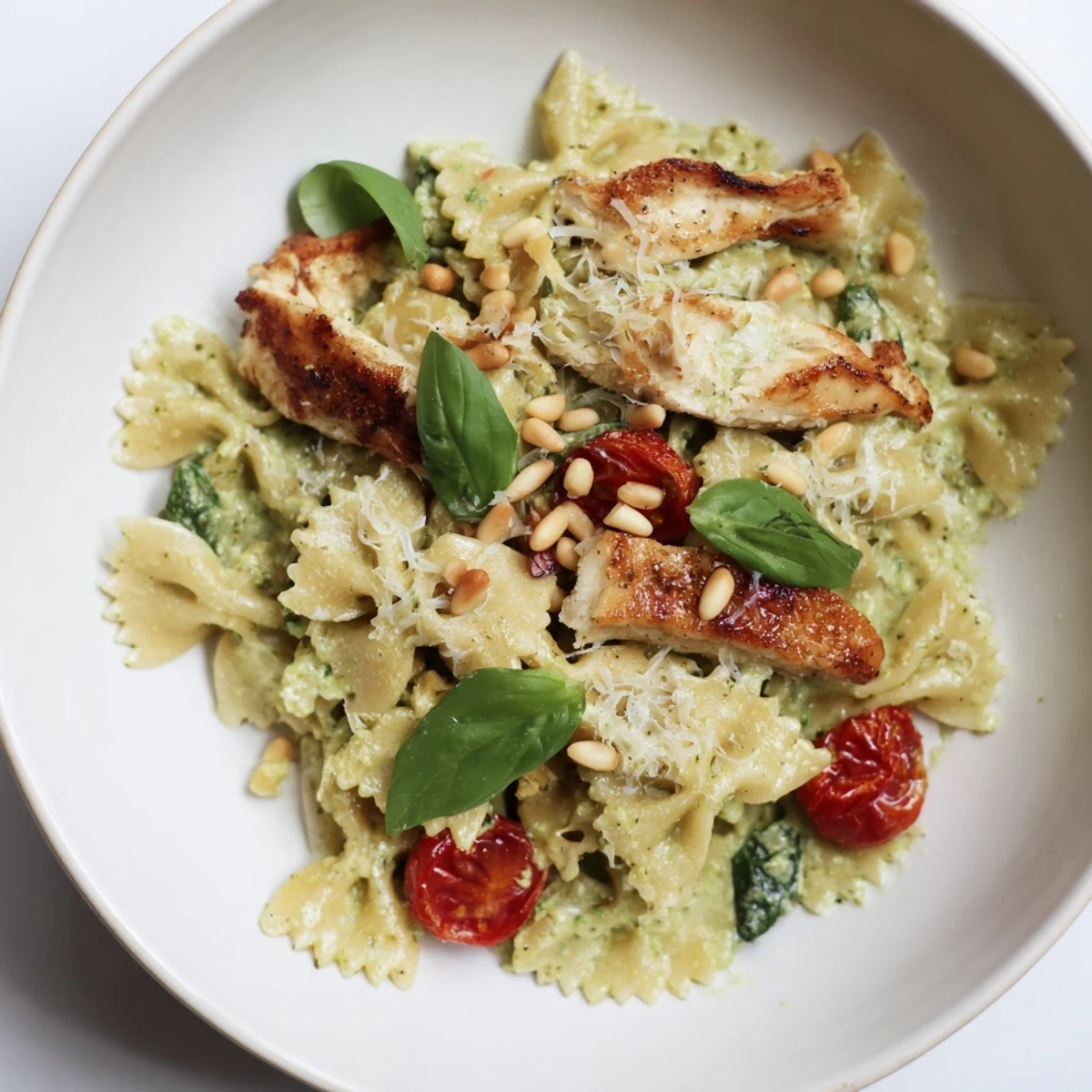 Delicious Pesto Chicken Bowtie Pasta topped with fresh basil and toasted pine nuts.  