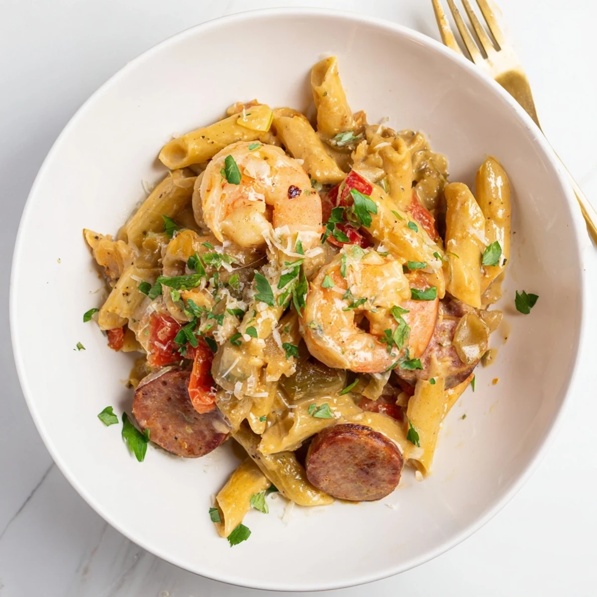 Creamy Cajun Sausage & Shrimp Alfredo Pasta Skillet topped with fresh parsley and spices.