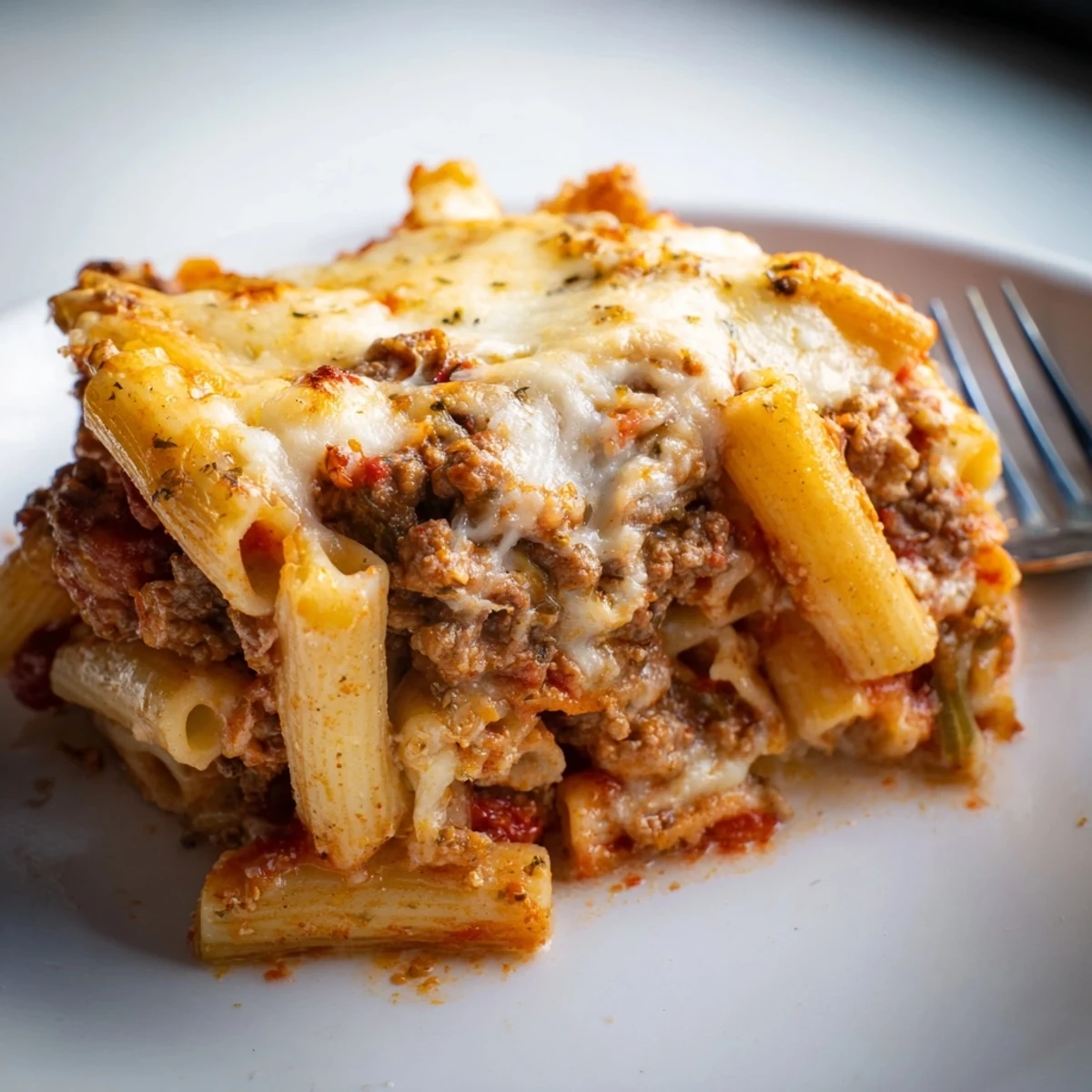 Delicious Cheesy Beef & Penne Bake, bubbling with melted cheese and rich flavors.  