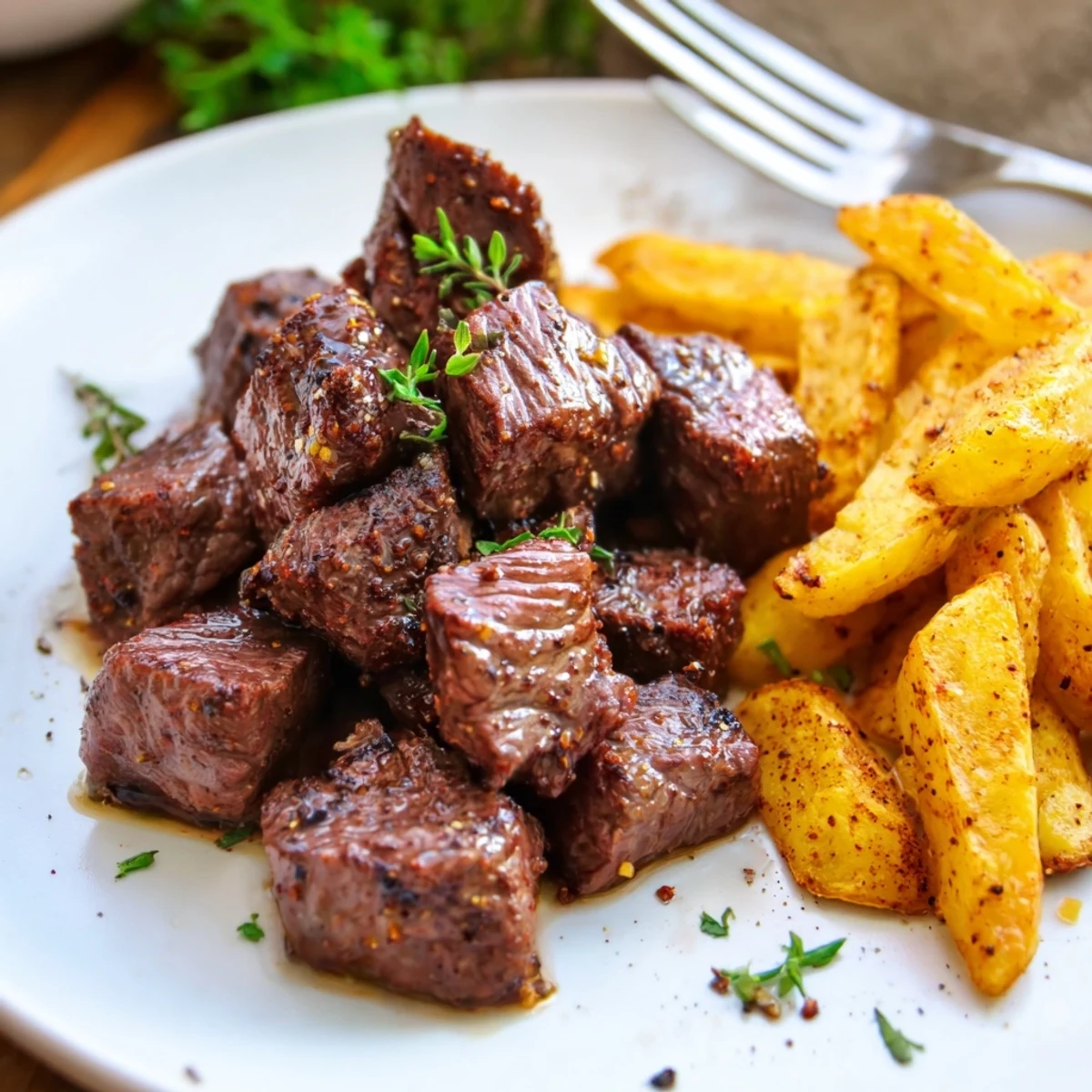 Golden crispy fries paired with savory Blackened Cajun Steak Bites for a delicious meal.  