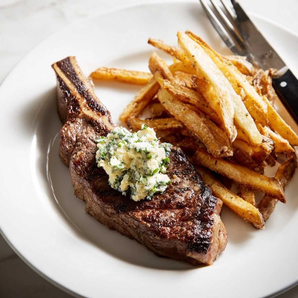 Savory Steakhouse Garlic Butter Steak & Fries topped with rich, herby butter and crispy fries.  