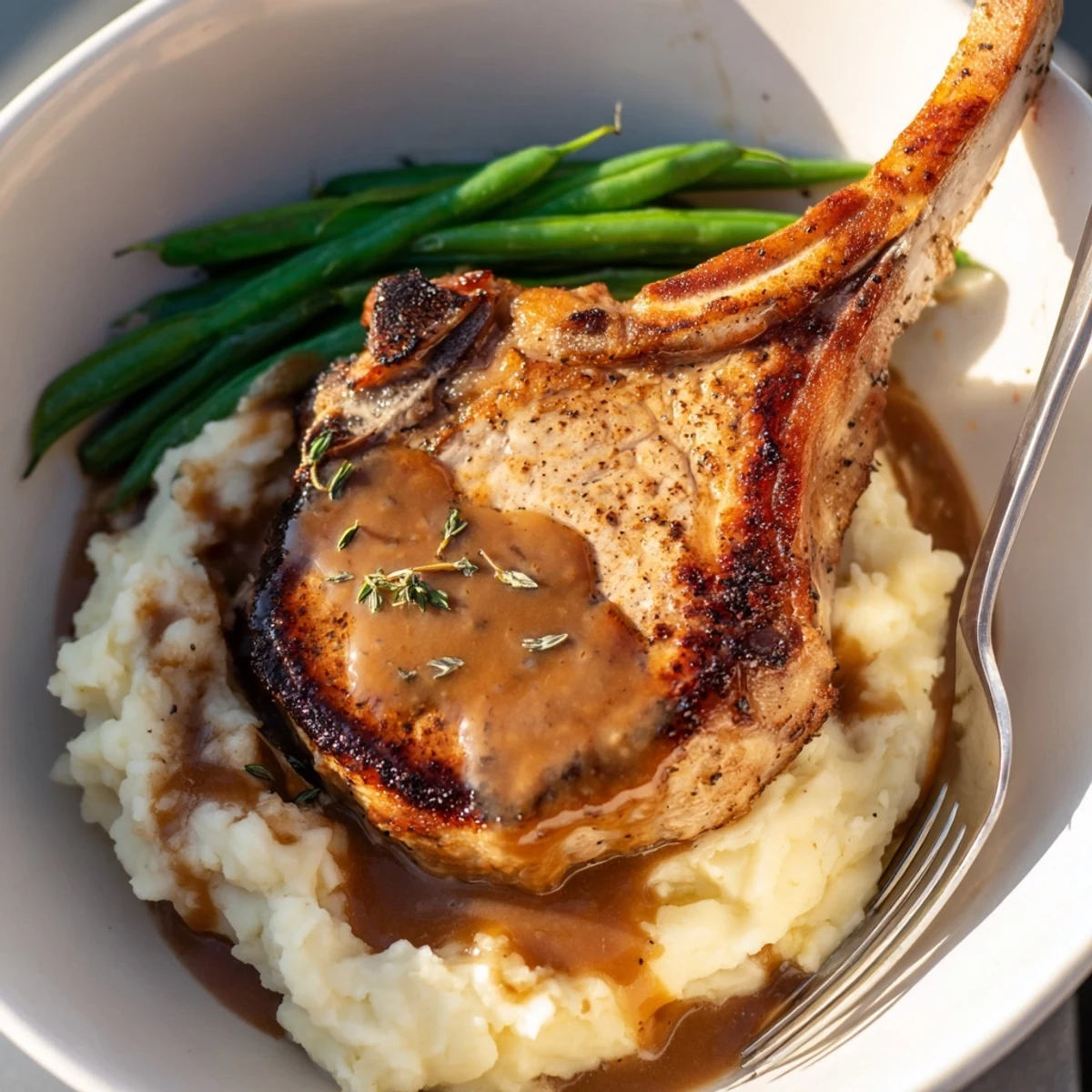 Juicy pork chops & cheddar mash bowl topped with rich pan gravy and fresh green beans.  