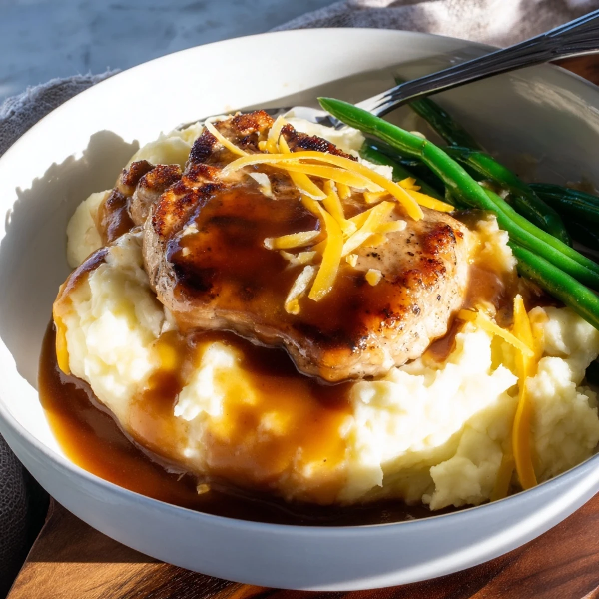 Deliciously seared pork chops & cheddar mash bowl, served with crisp green beans and gravy.