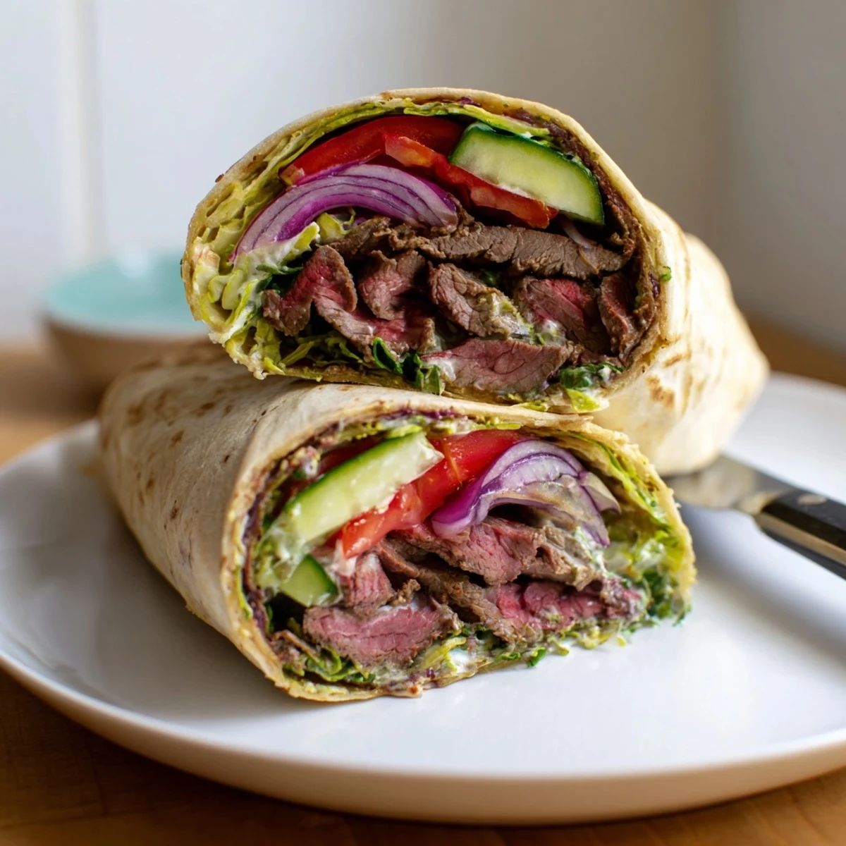 Tender beef shawarma wraps bursting with flavor and creamy yogurt sauce.  