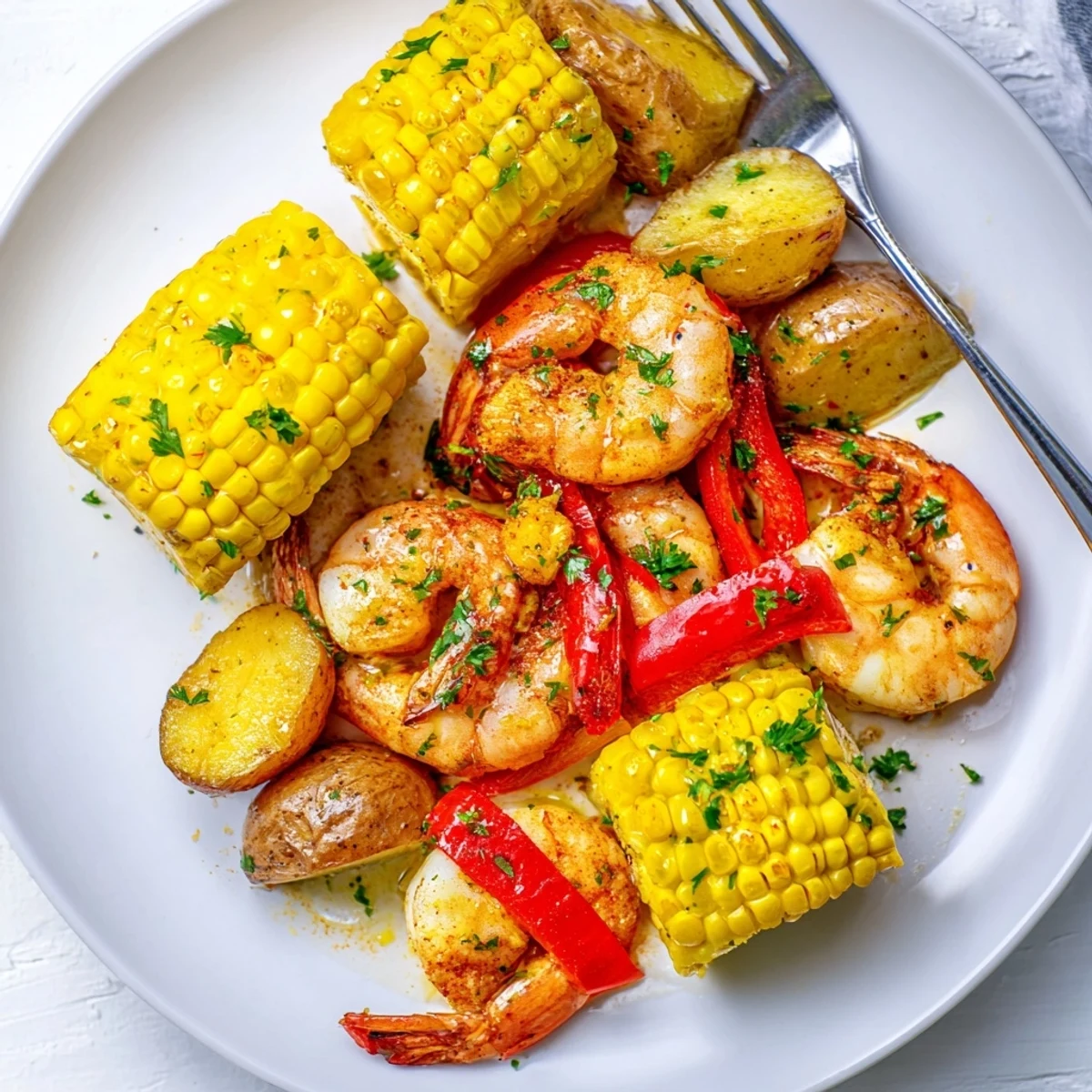 Vibrant Cajun shrimp & sweet corn platter served with roasted potatoes and lemon wedges.  