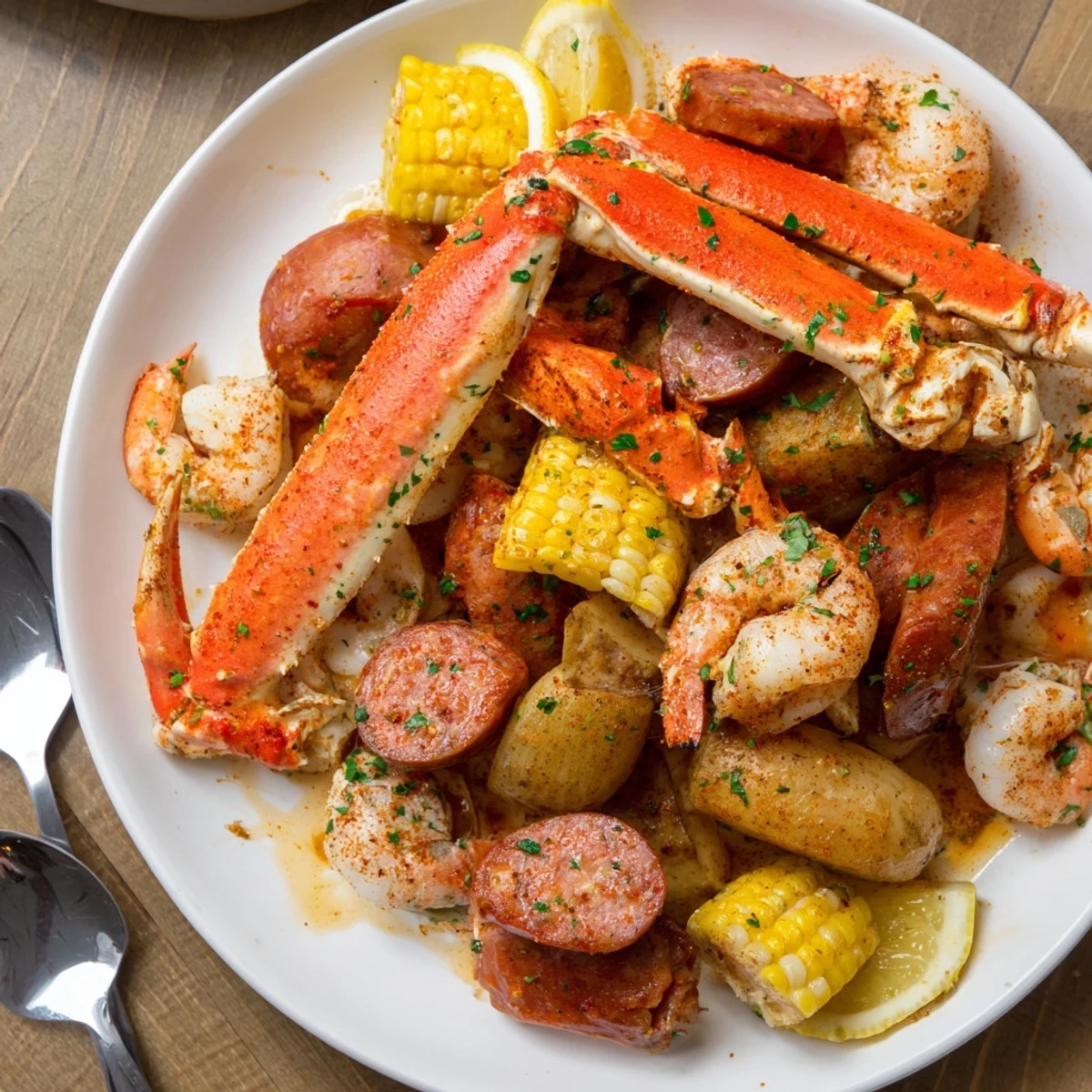A vibrant seafood boil with crab legs, shrimp, and spicy sausage ready to enjoy.  