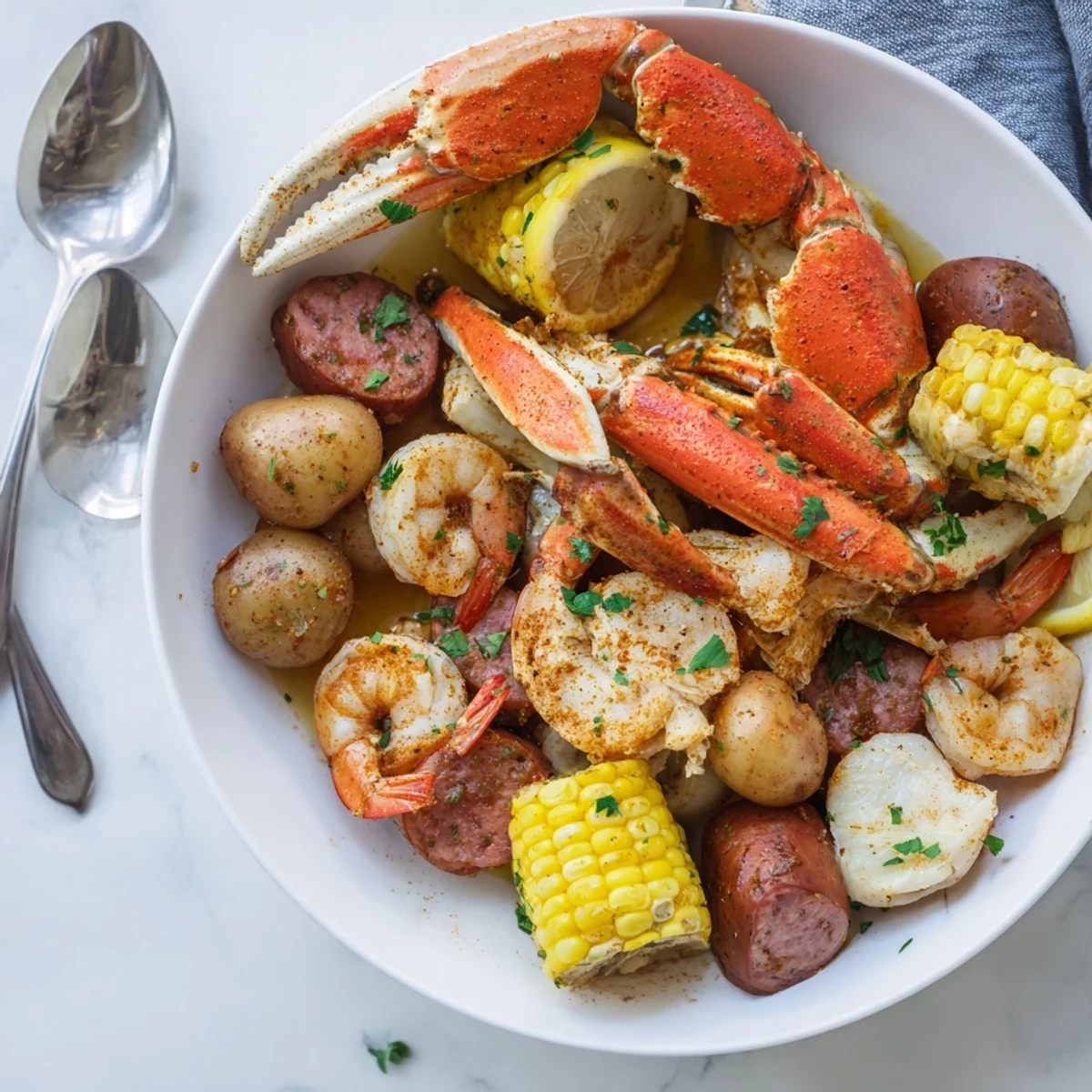 Festive seafood boil overflowing with crab, shrimp, corn, and flavorful Cajun spices.