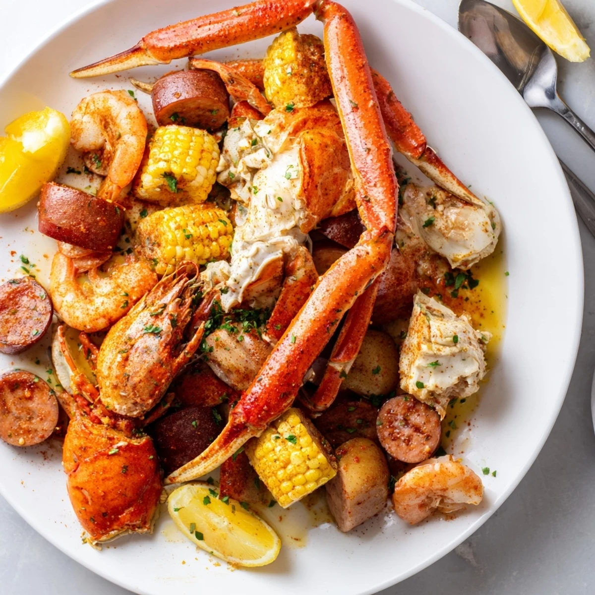 Colorful Southern-style seafood boil featuring succulent crab, plump shrimp, and melted butter.  