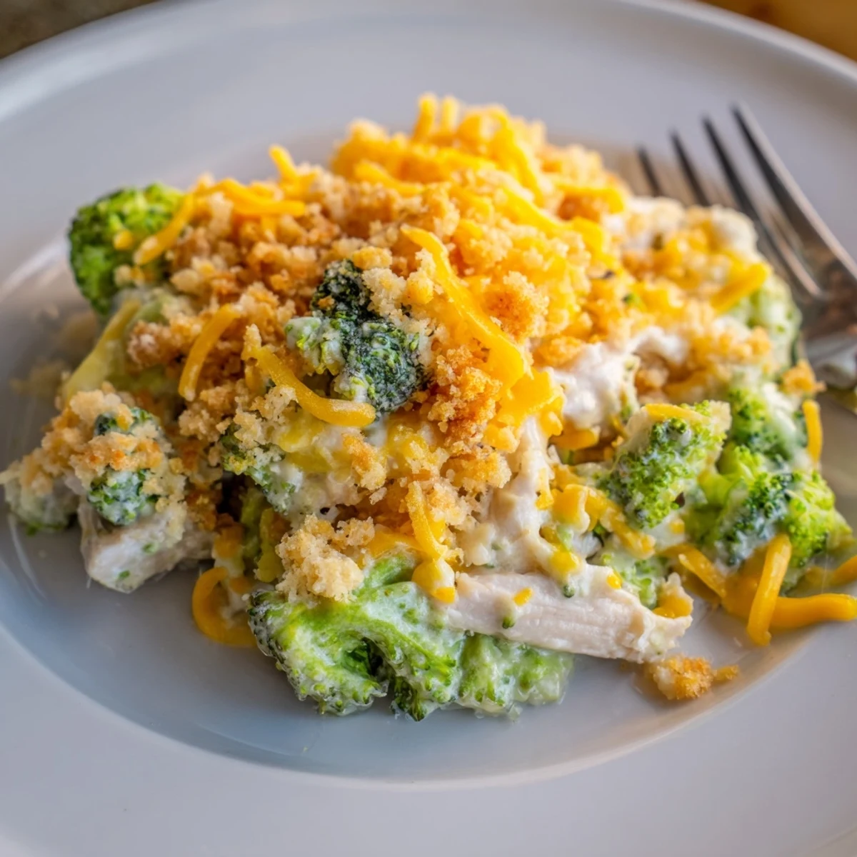 Creamy Chicken & Broccoli Cheddar Bake with golden cheese crust, perfect for family dinners.  