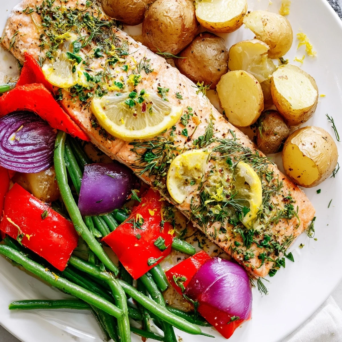 Succulent lemon herb salmon & potato sheet pan dish with vibrant vegetables.