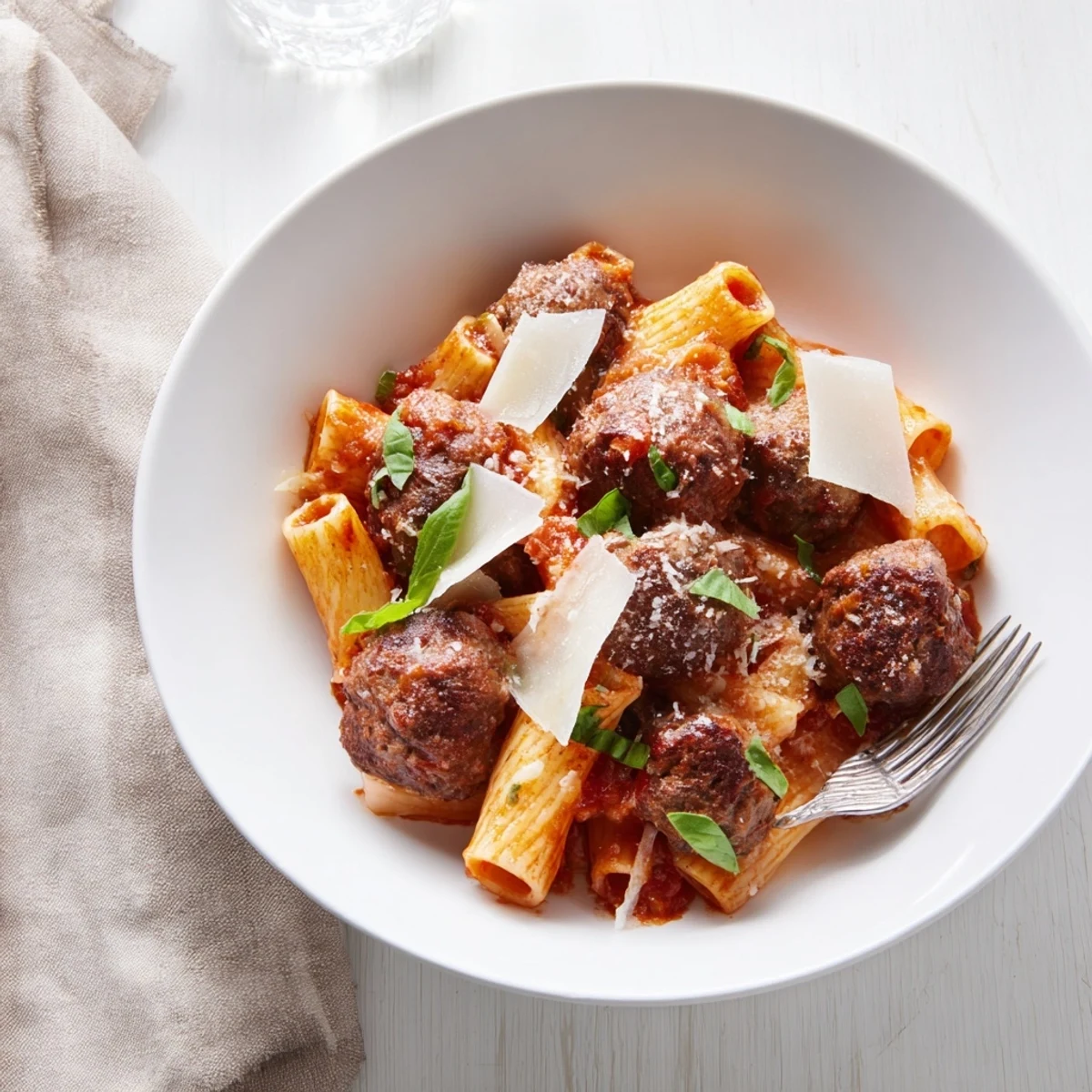 Savory Italian Meatball Pasta Skillet, bursting with flavors of rich tomato sauce.  