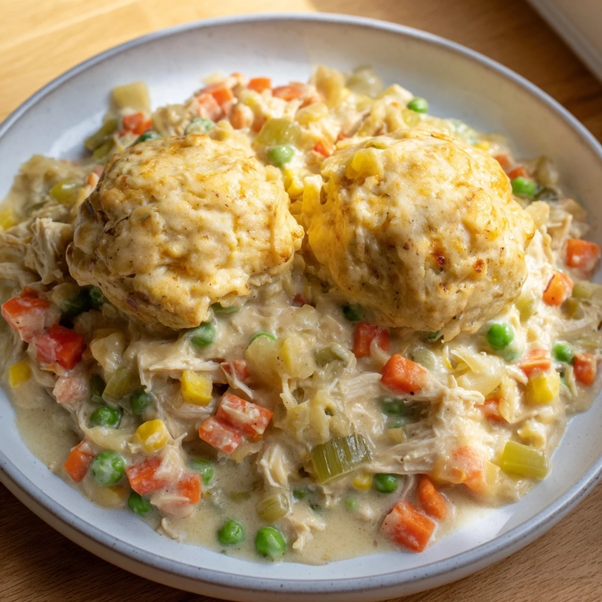 Steaming hot Chicken and Dumplings Casserole, a rustic dish with golden, fluffy dumplings atop.