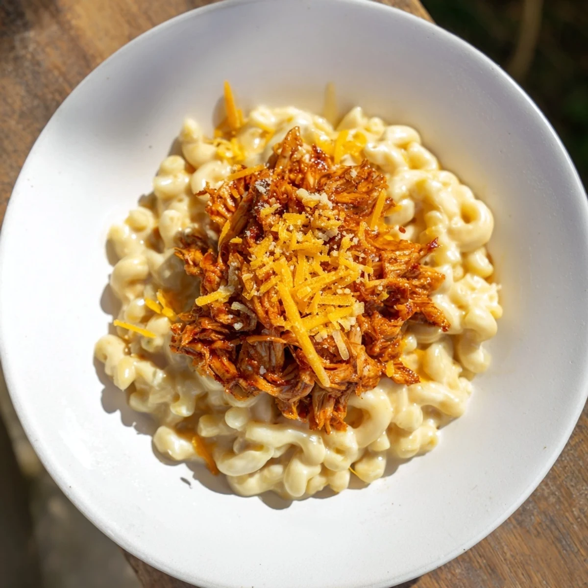 A bubbly, golden-brown Classic Mac & Cheese with BBQ Chicken, perfect for a cozy family dinner.
