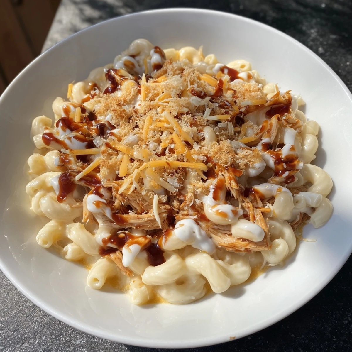 Creamy, cheesy Classic Mac & Cheese with BBQ Chicken featuring tender chicken and crunchy breadcrumbs topping.
