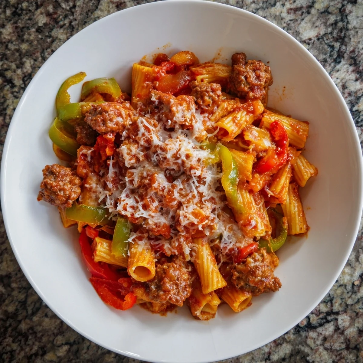 Steaming hot baked rigatoni with sausage & peppers, bubbling cheese crust, perfect for a cozy dinner.