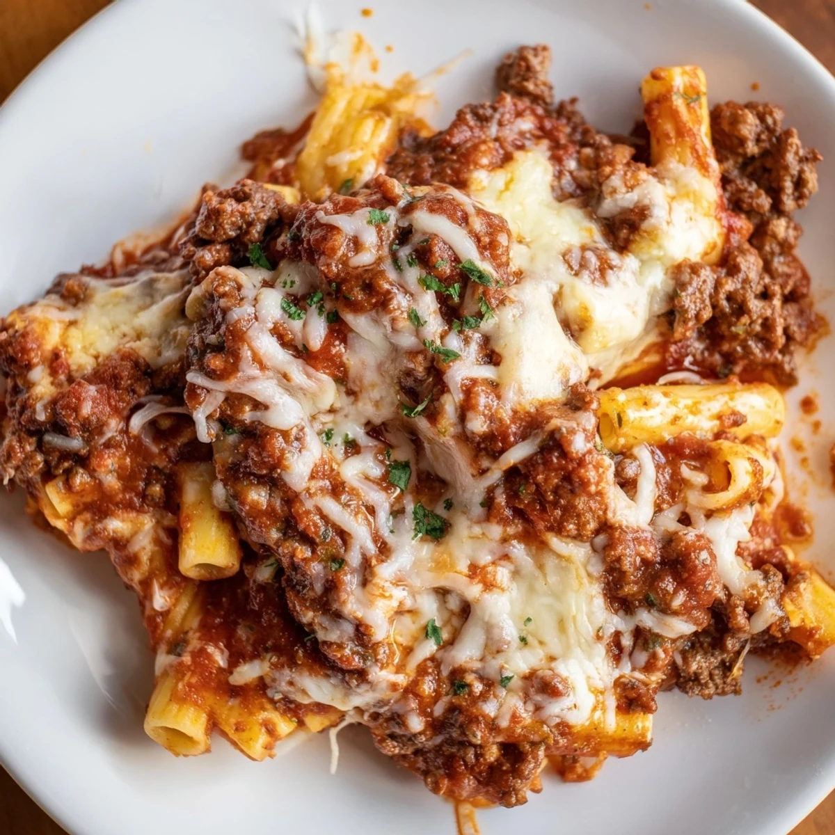 Steaming hot Baked Ziti with Meat Sauce, topped with melted mozzarella, a classic comfort food casserole.