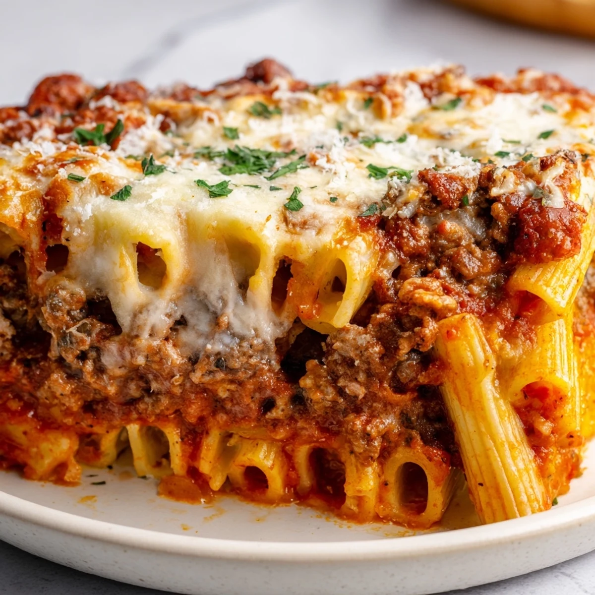 A close-up shot of bubbling, golden Baked Ziti, showcasing its rich meat sauce and cheesy goodness.