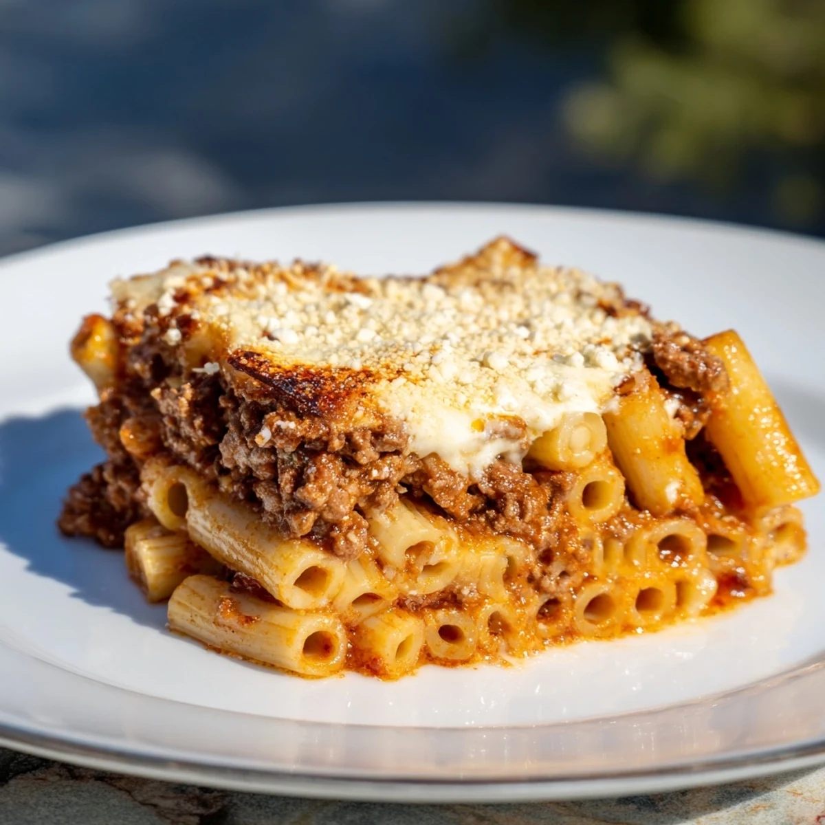 Golden, bubbly Greek Pastitsio, a comforting baked pasta dish with savory beef and creamy béchamel.