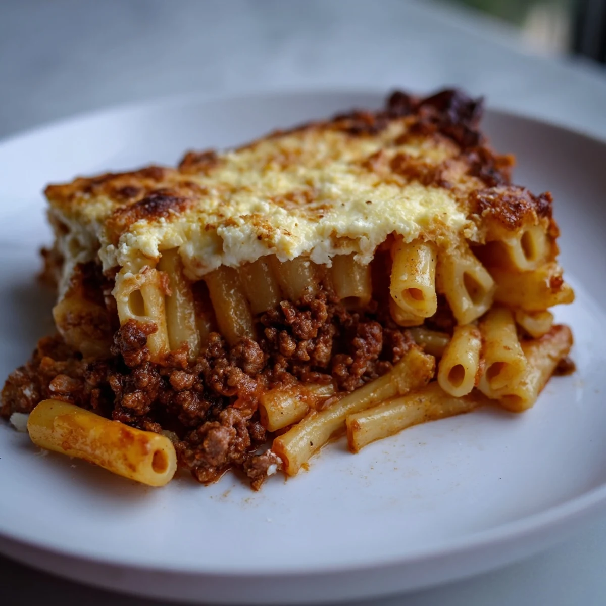 A close-up of a freshly baked Pastitsio, showcasing rich layers and a golden, browned béchamel topping.