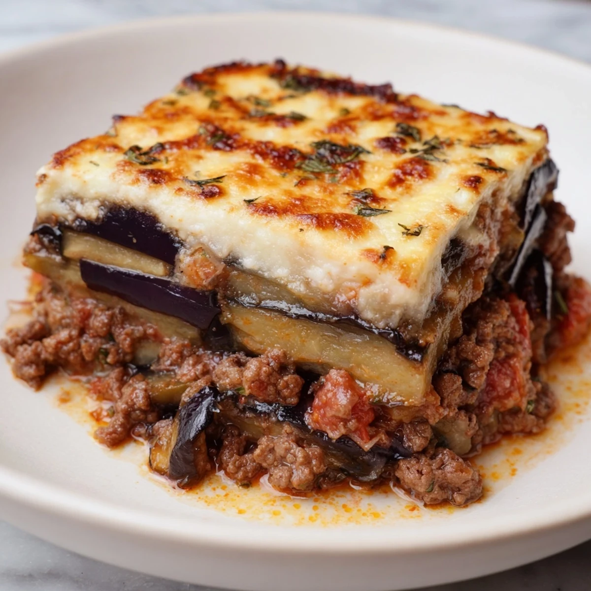Golden, bubbly moussaka, layers of tender eggplant and beef, topped with creamy, rich béchamel sauce.