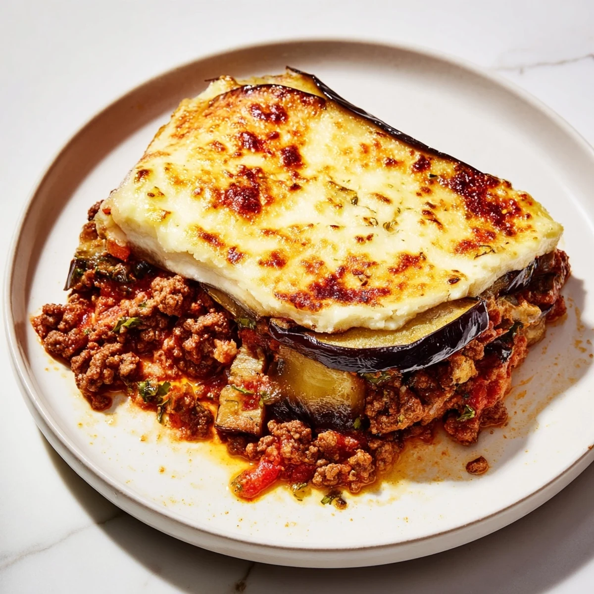 A close-up of a freshly baked moussaka, showcasing its savory beef and eggplant filling under béchamel.