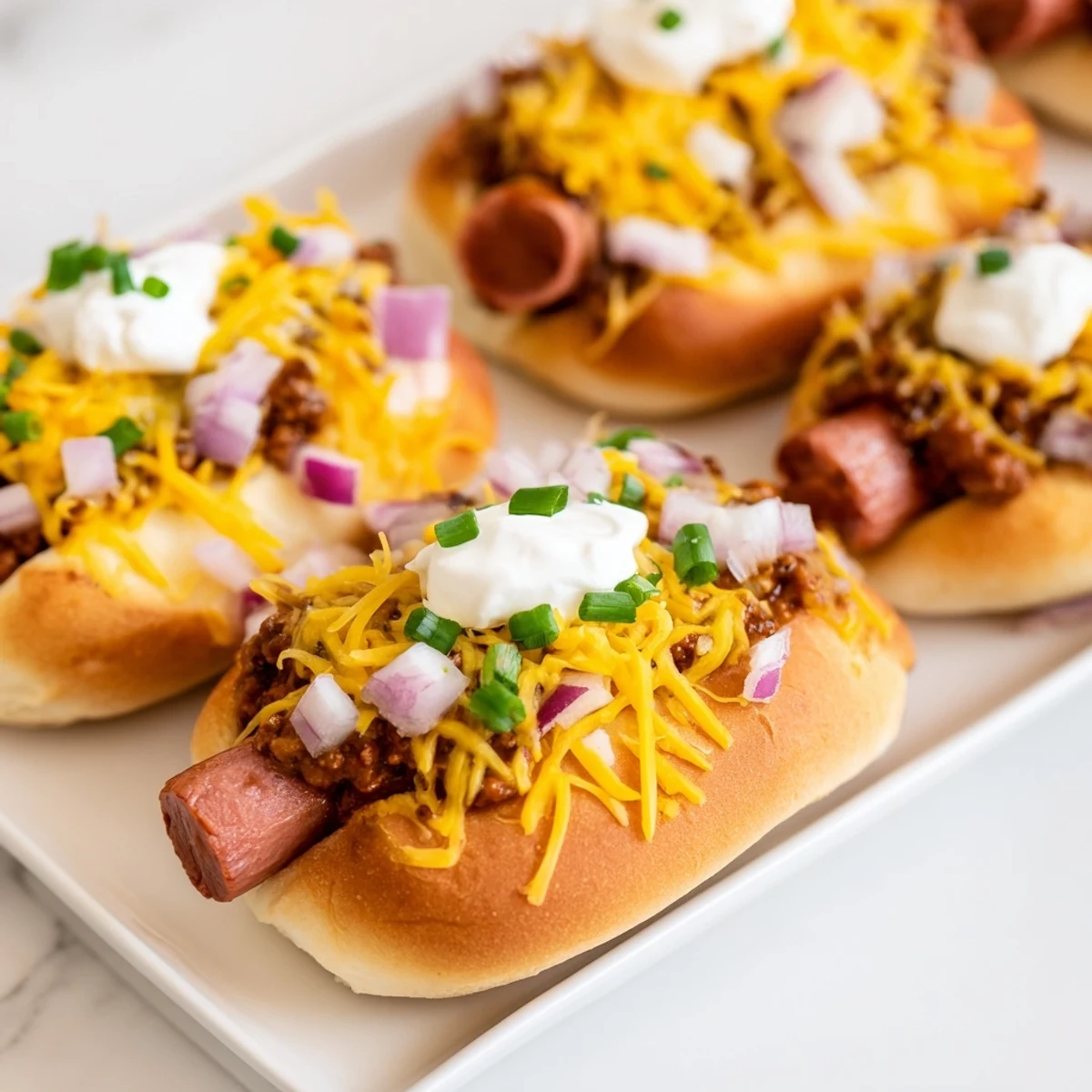Golden, bubbly Chili Dog Casserole topped with melty cheese, inviting a delicious forkful.