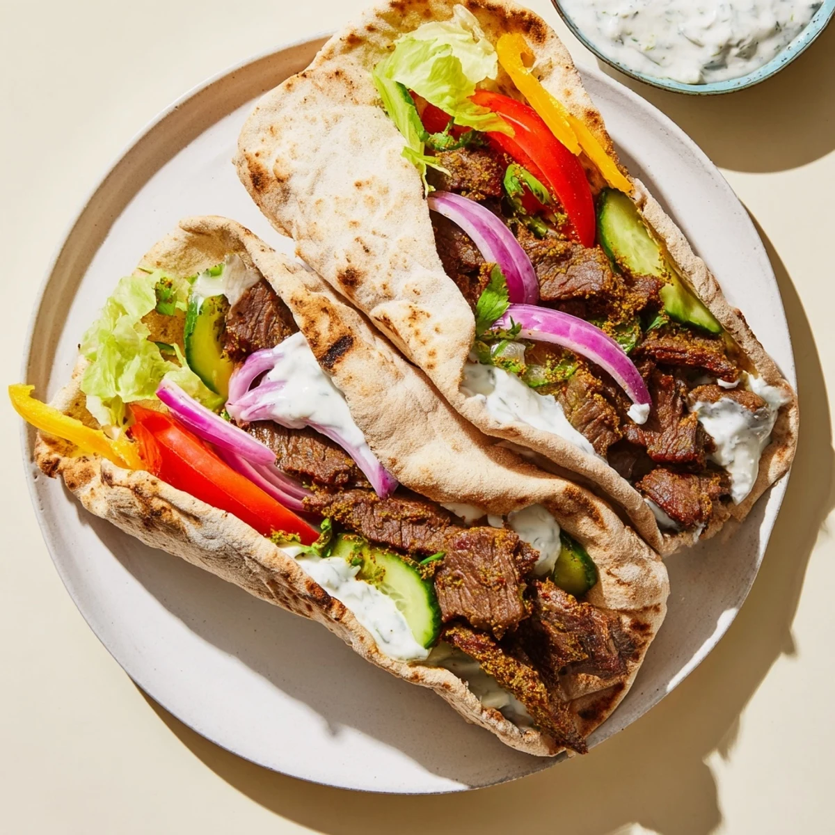 Close-up of juicy beef shawarma wraps, dripping with yogurt sauce, ready to eat.