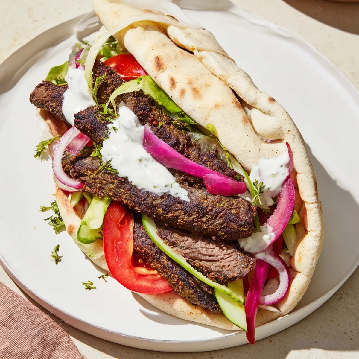 Golden-brown beef shawarma, piled high in a soft flatbread wrap, filled with fresh veggies.
