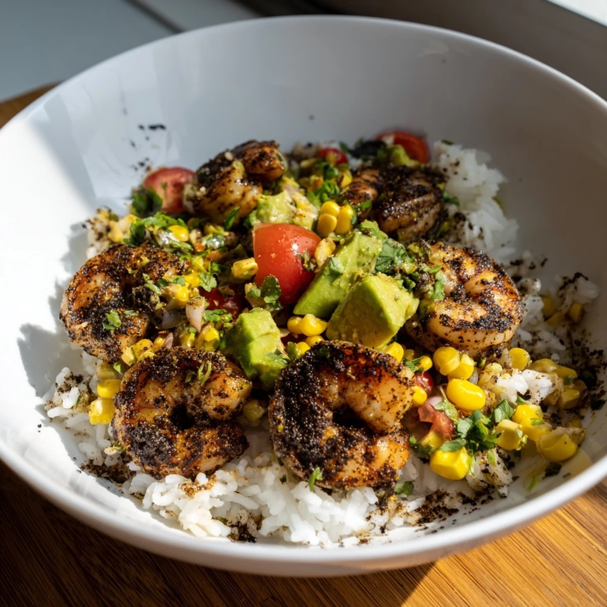 Blackened shrimp bowl with avocado corn salsa, piled high, ready to eat, Southwestern flavors abound.