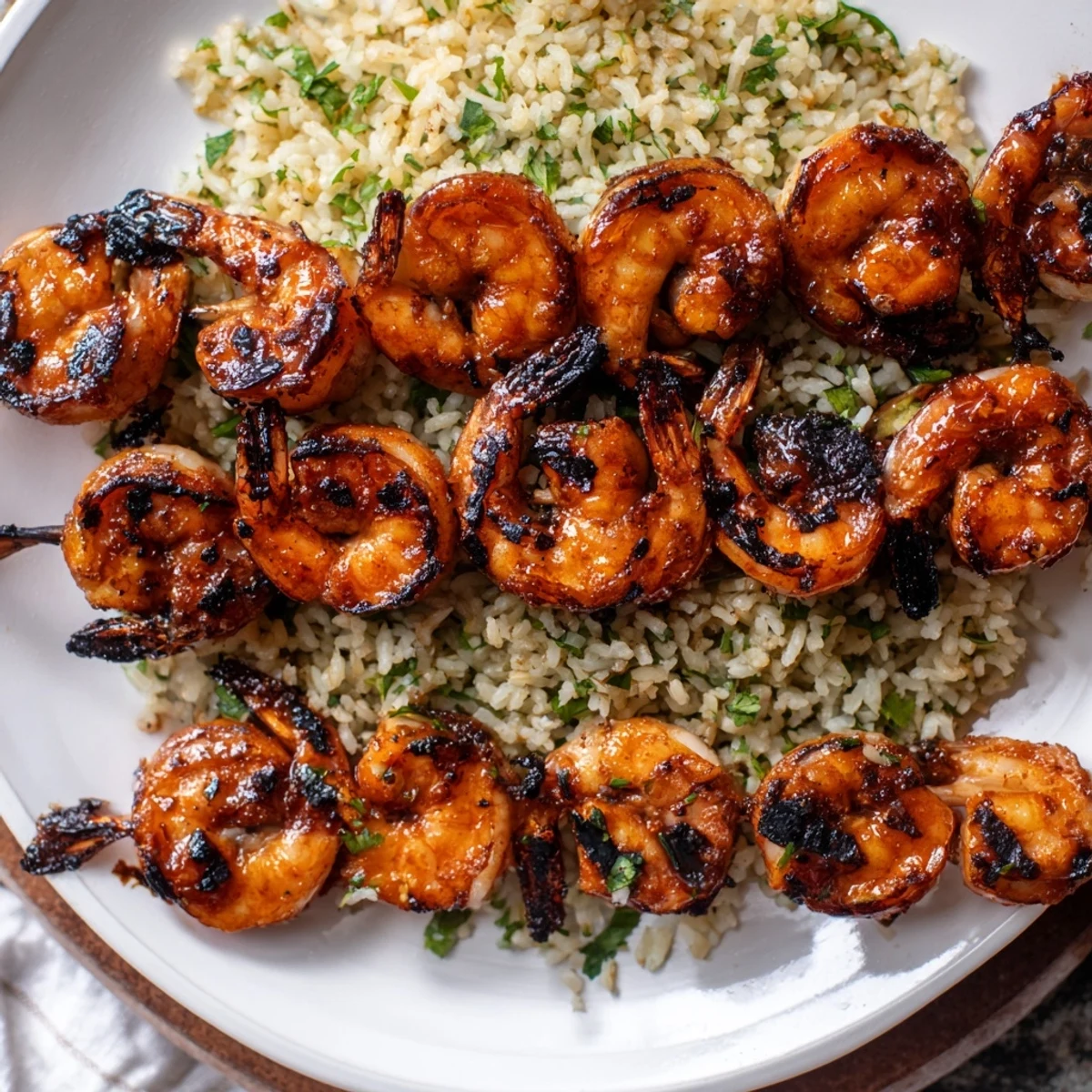 Tender Chipotle Lime Grilled Shrimp served over fluffy cilantro-lime rice; a colorful, flavorful meal.