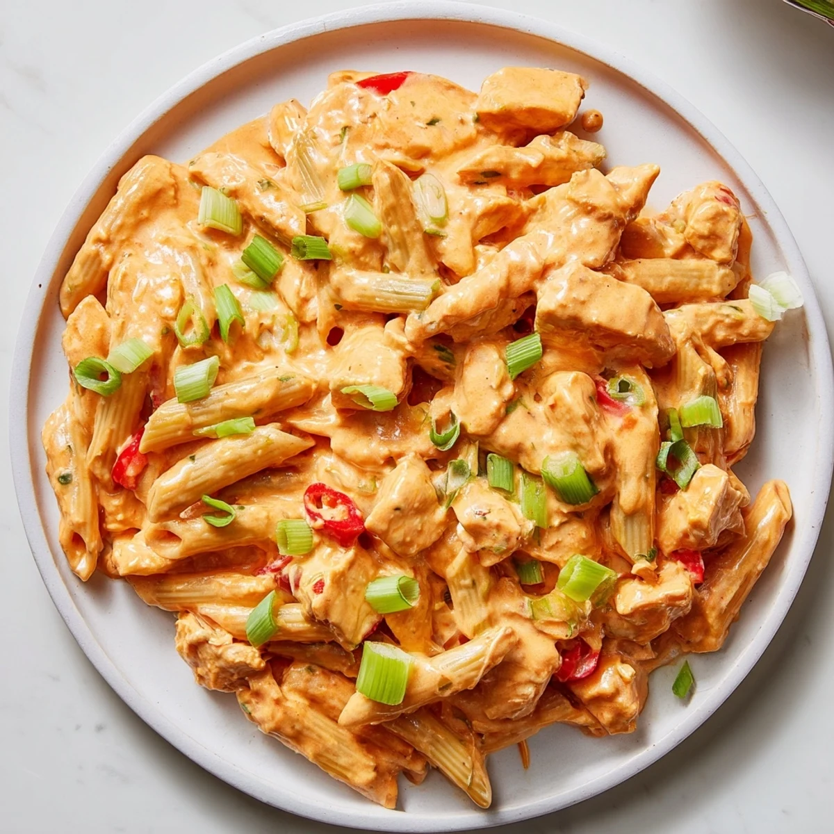 Savory Buffalo Chicken Pasta Skillet, topped with melted cheese and fresh green onions that look so inviting.